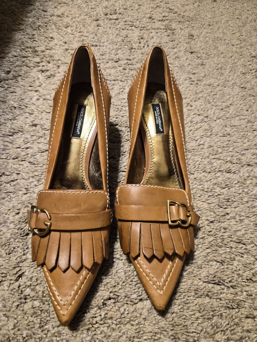 Dolce & Gabbana Cognac Leather Pointed Kiltie Pumps